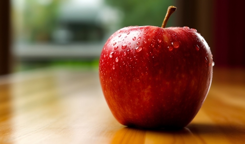 Красное яблоко в каплях воды на столе