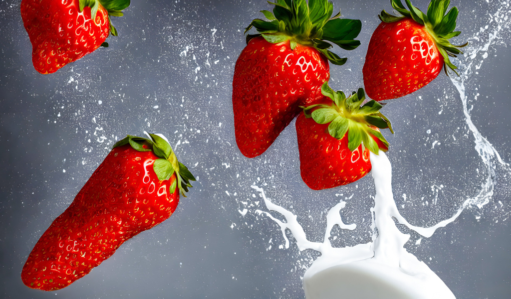 Красная клубника с брызгами молока на сером фоне