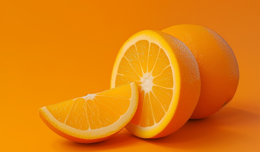 Спелый оранжевый апельсин на оранжевом фоне