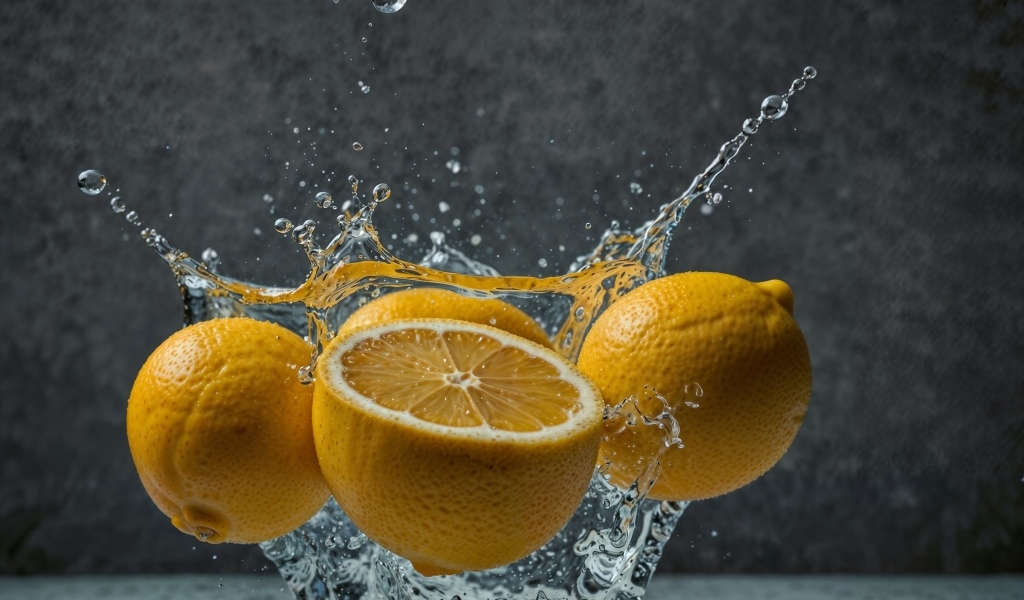 Желтый лимон в брызах воды на сером фоне