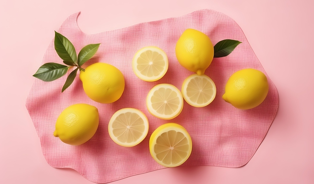 Желтые лимоны с полотенцем на розовом фоне