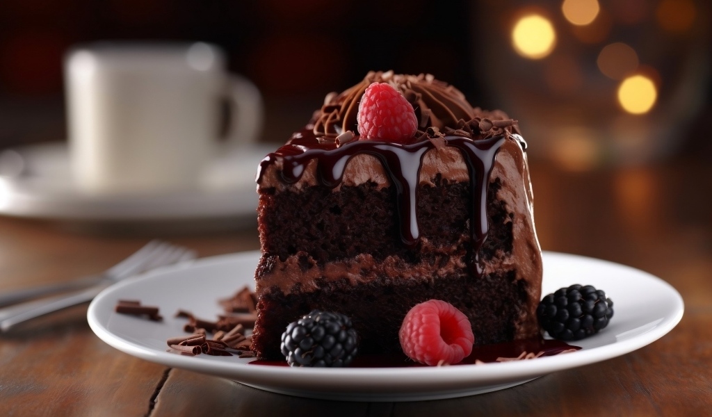 Кусок шоколадного торта с кремом и ягодами на тарелке
