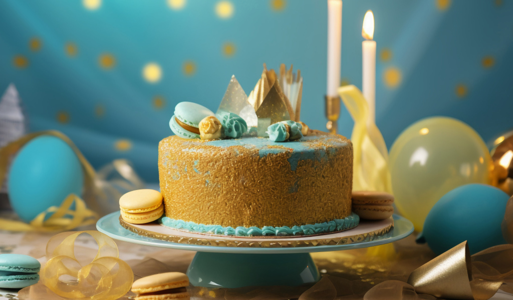 Торт на день рождения в голубой глазури с макарунами