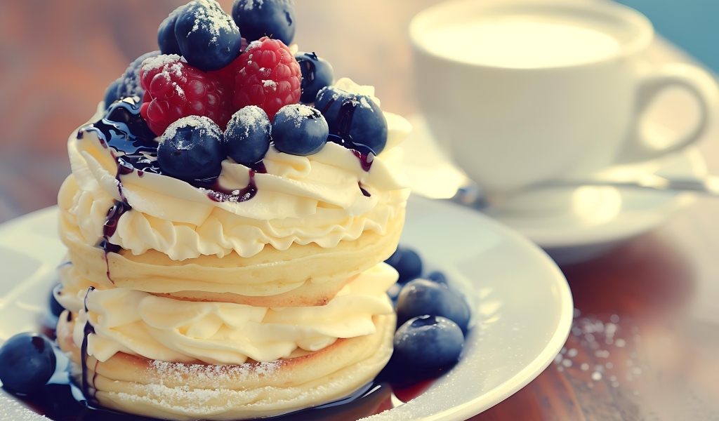 Сырники с кремом и ягодами на столе на завтрак