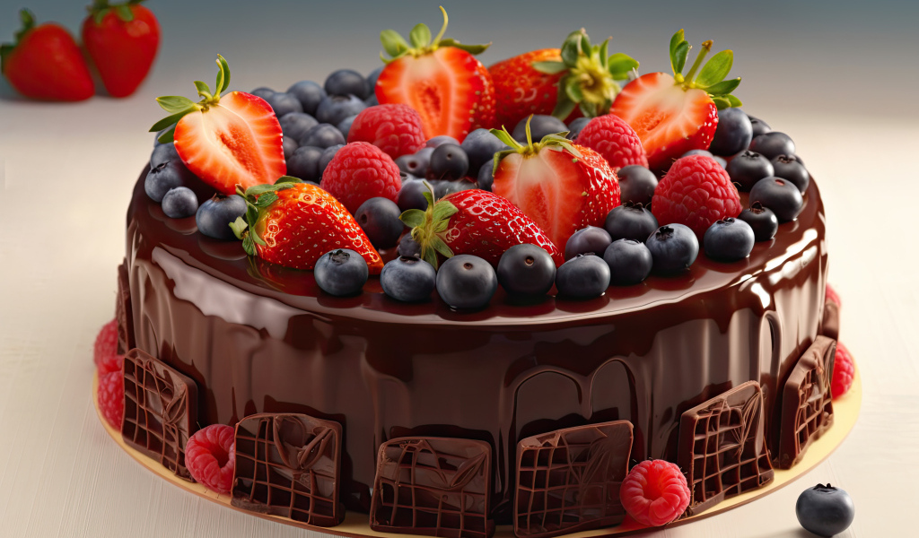 Торт в шоколаде с ягодами черники, клубники и малины