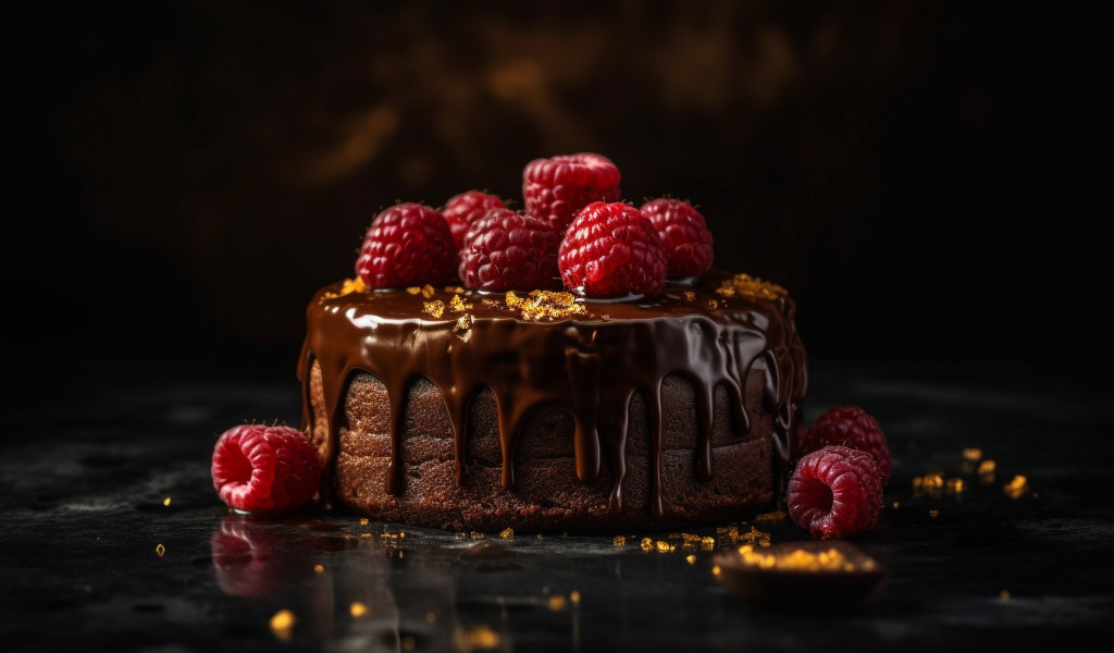 Торт в шоколаде с ягодами малины