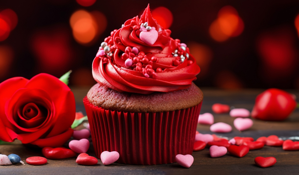 Кекс с красным кремом, розой и конфетами