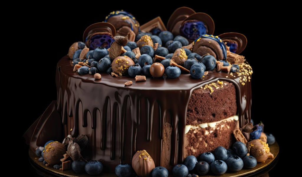 Аппетитный торт в шоколаде с конфетами и ягодами черники