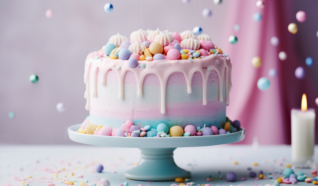 Разноцветный торт украшен конфетами