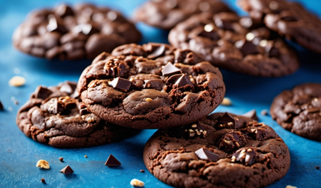 Круглое печенье с шоколадной крошкой на синем столе