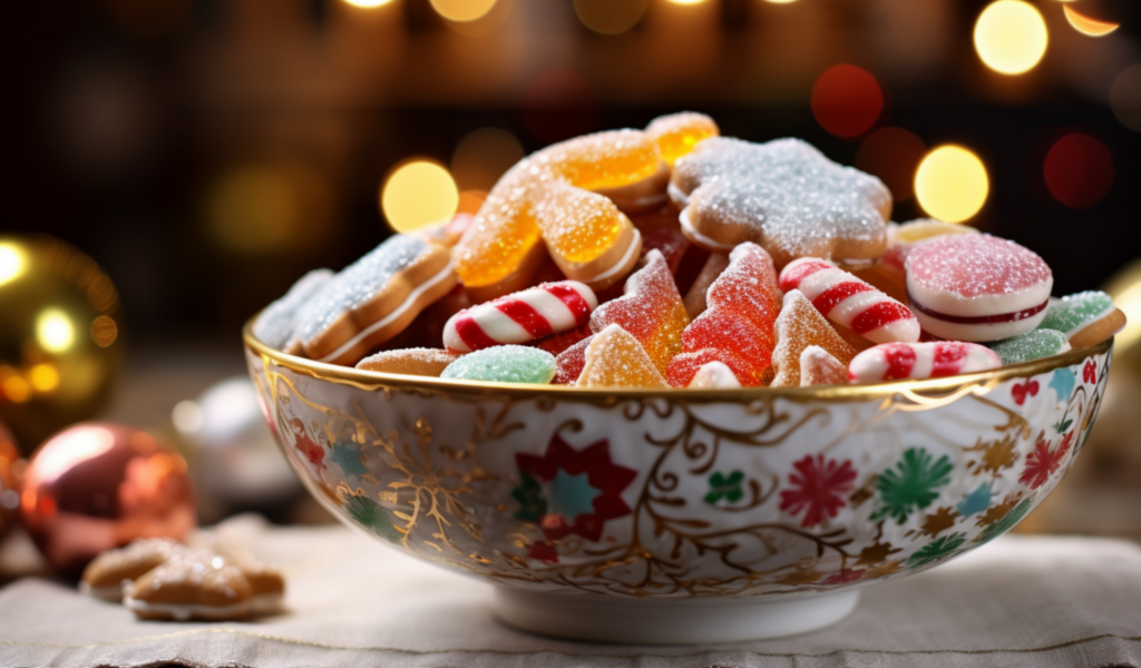 Сладкие праздничные конфеты в тарелке на столе