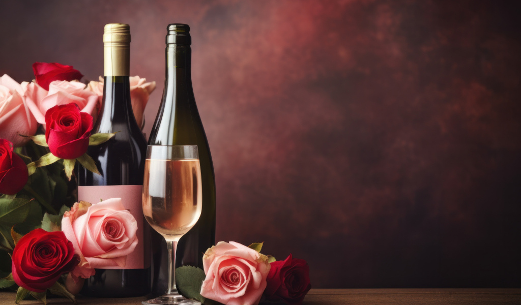 Букет роз на столе с вином
