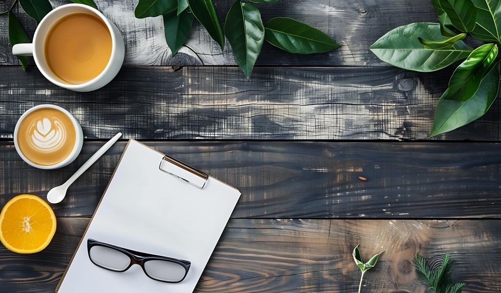 Кофе на столе с блокнотом, очками и зелеными листьями