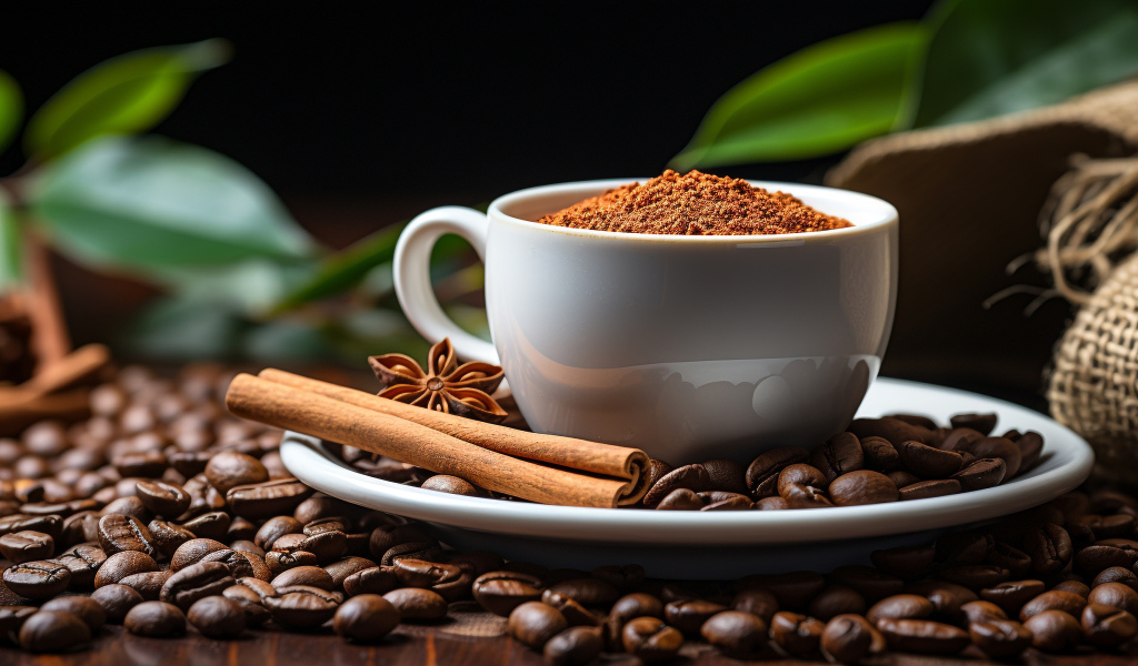 Чашка с молотым кофе и зернами на столе с корицей