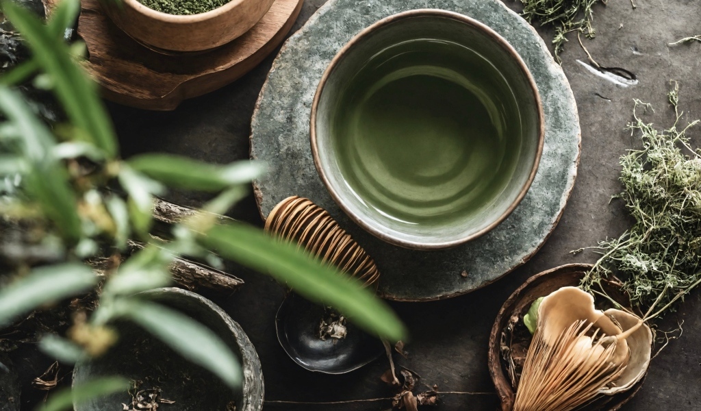 Зеленый чай с посудой на столе