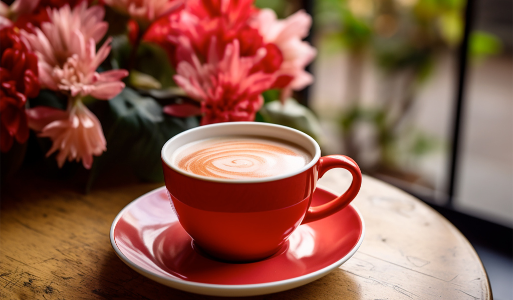 Большая красная чашка кофе на столе с цветами
