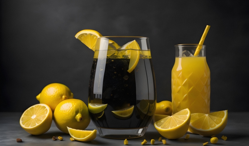 Лимонад на столе с лимонами и соком