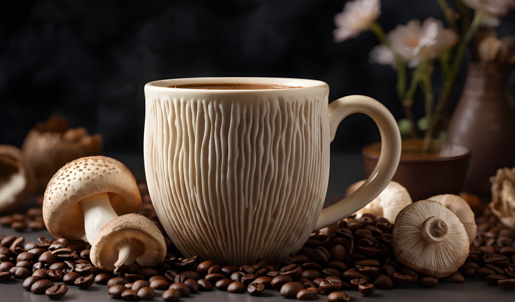 Необычная кружка на столе с грибами и кофейными зернами
