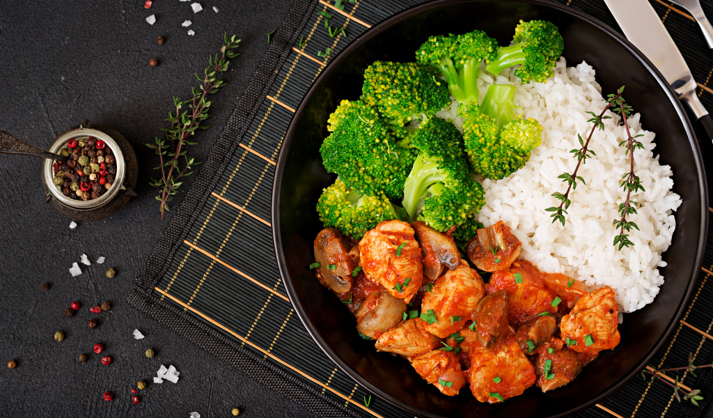 Курица с рисом и брокколи на сковороде