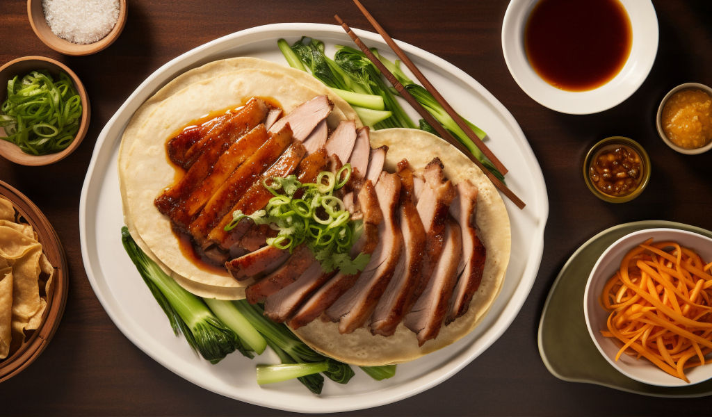 Мясо на тарелке с лепешками и зеленью