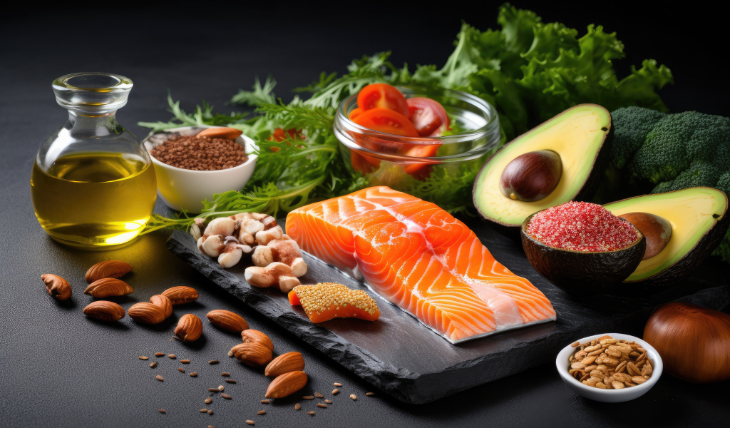 Рыба на столе с орехами и овощами