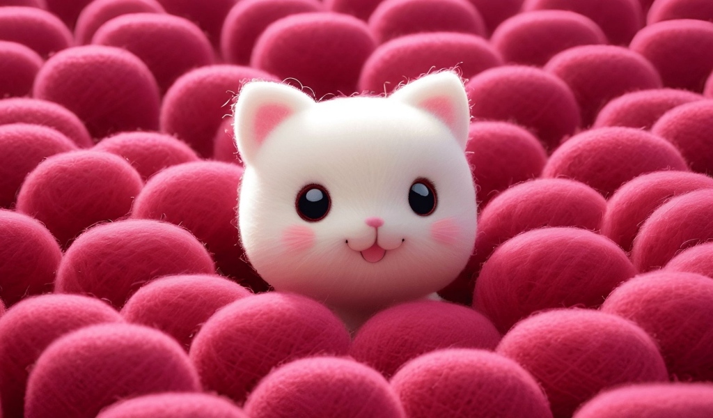 Милый котенок  с клубками шерсти