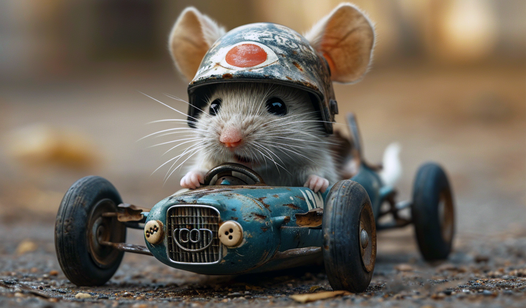 Маленький серый мышонок на игрушечном автомобиле