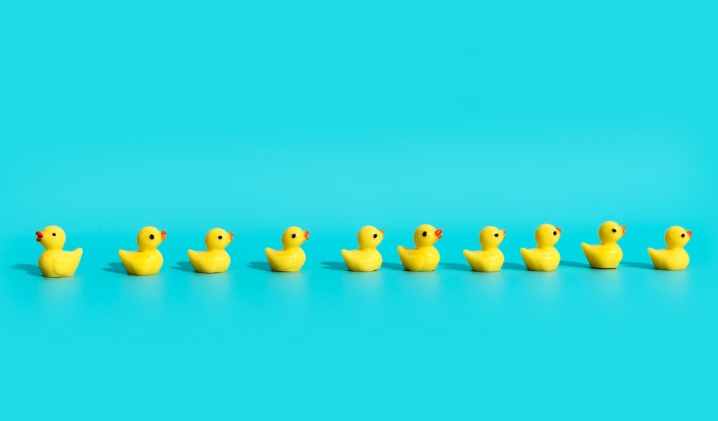 Маленькие игрушечные утята на голубом фоне