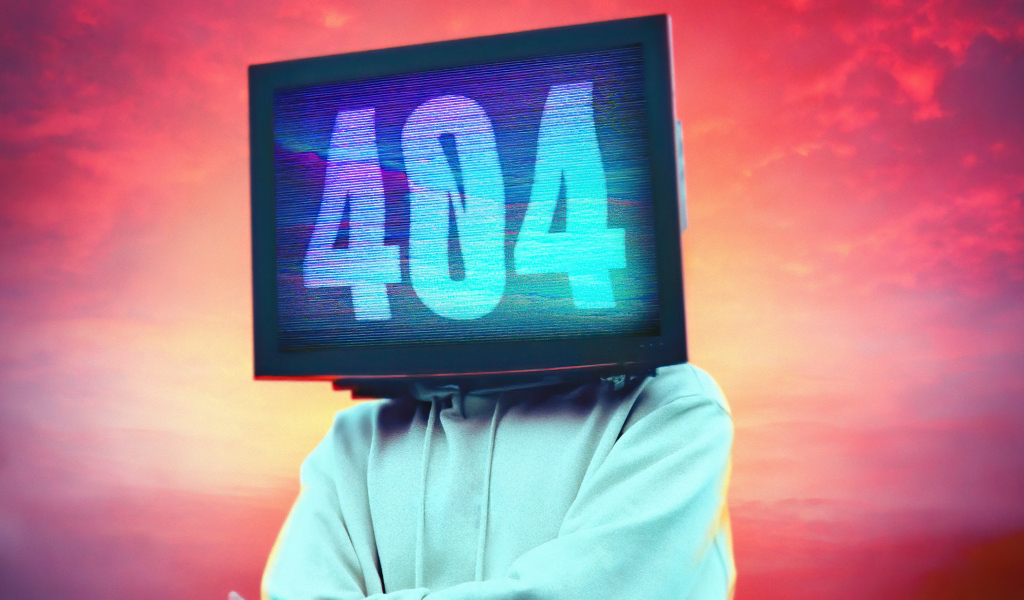 Монитор на лице с ошибкой 404 на красном фоне