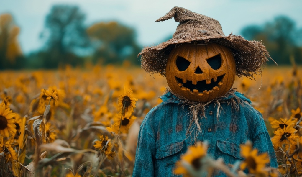 Пугало из тыквы в рубашке на поле