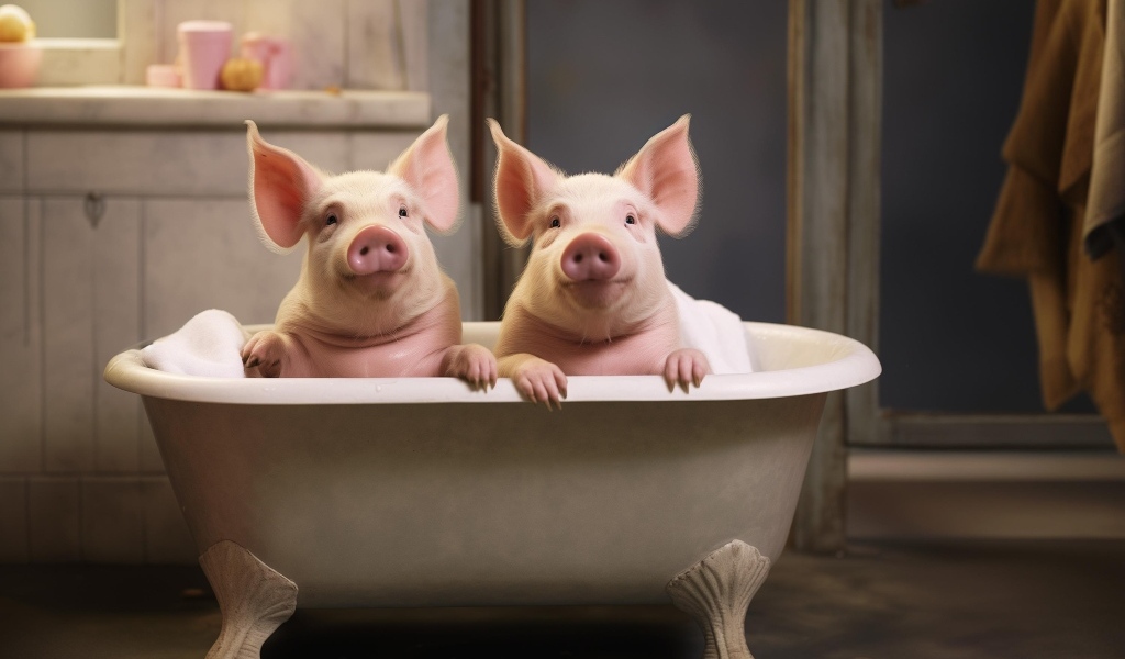 Два розовых поросенка в ванной