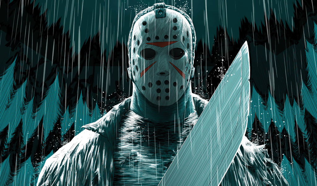 Мужчина в маске с мачете в руках