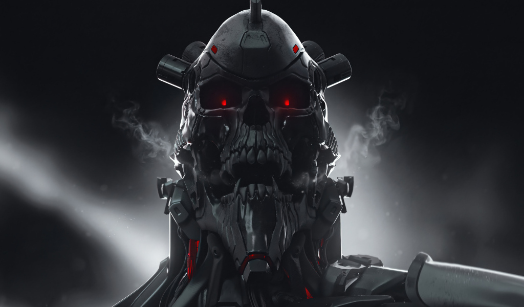 Злой солдат андроид на сером фоне