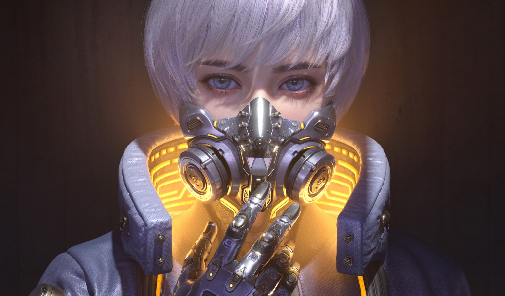 Голубоглазая девушка с маской на лице