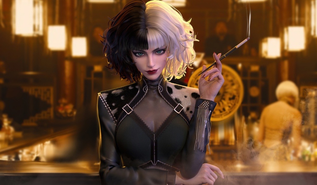 Круэлла с сигаретой в баре