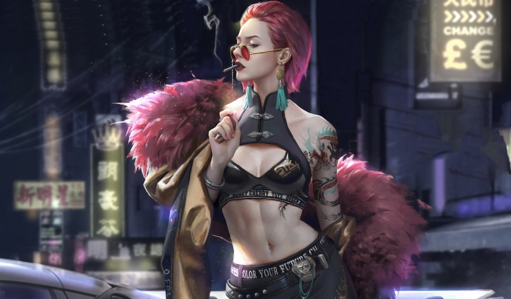 Девушка cyberpunk с сигаретой во рту