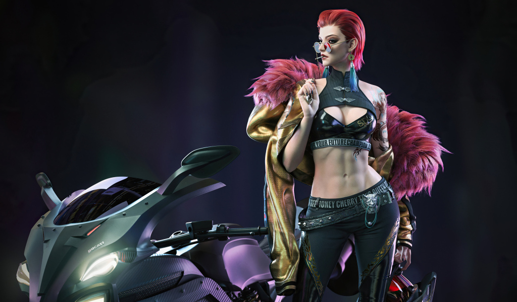 Девушка cyberpunk с мотоциклом