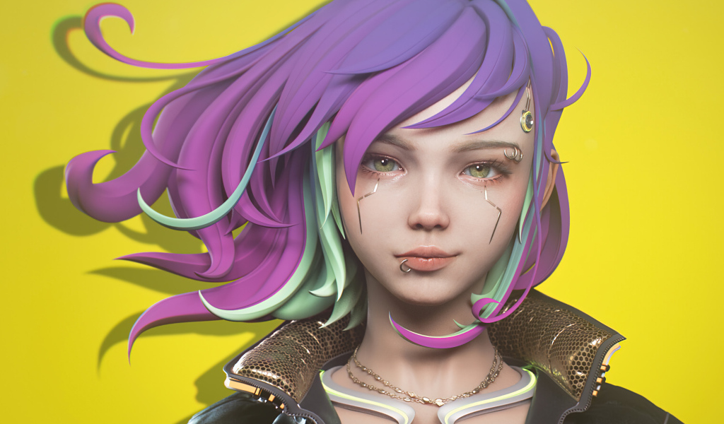 Девушка cyberpunk с сиреневыми волосами