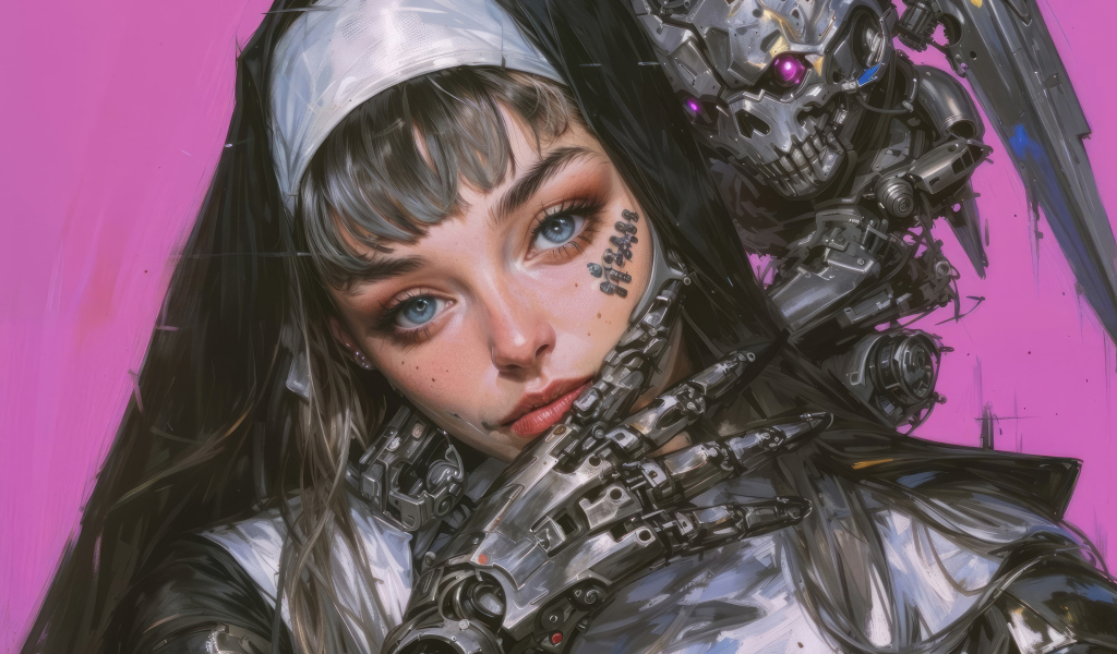 Девушка монашка киборг на розовом фоне