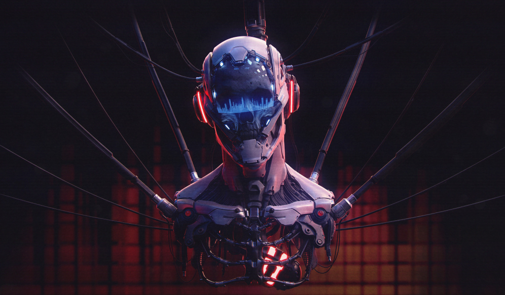 Скелет киборг на проводах 