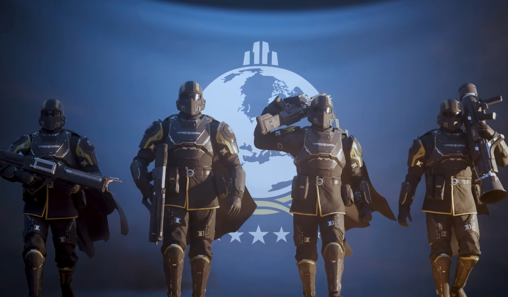 Четыре солдата из компьютерной игры Helldivers 2