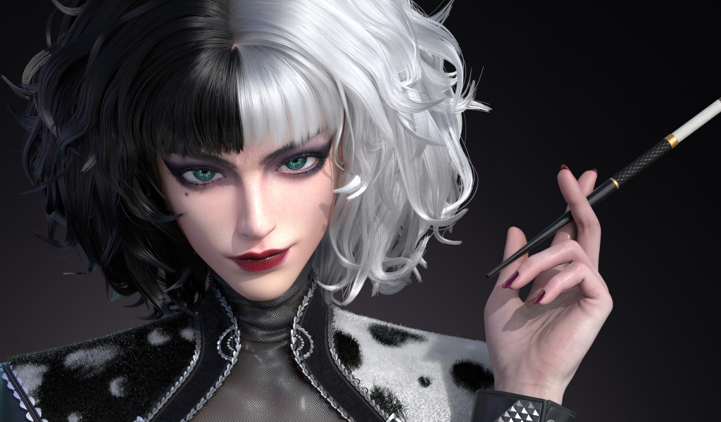 Зеленоглазая девушка Круэлла с сигаретой крупным планом