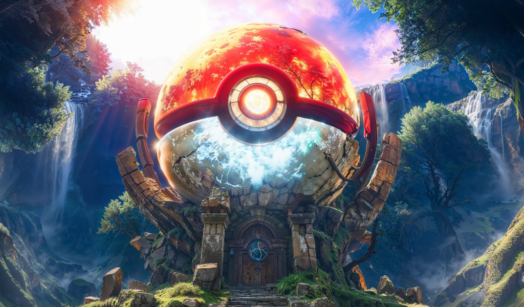 Покемон болл на доме в лесу у водопада