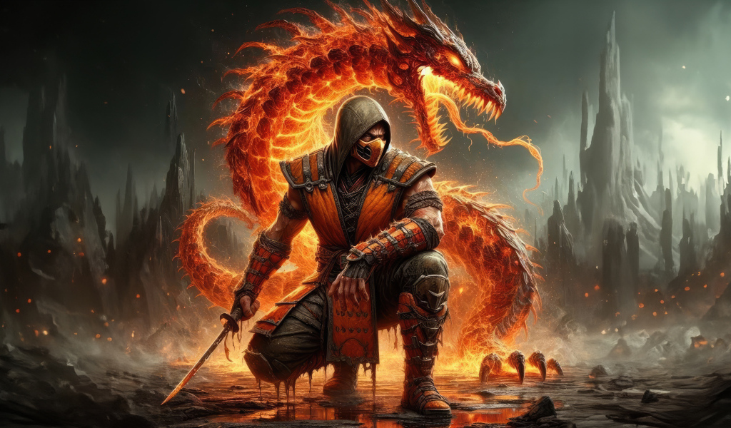 Скорпион самурай  с красным драконом