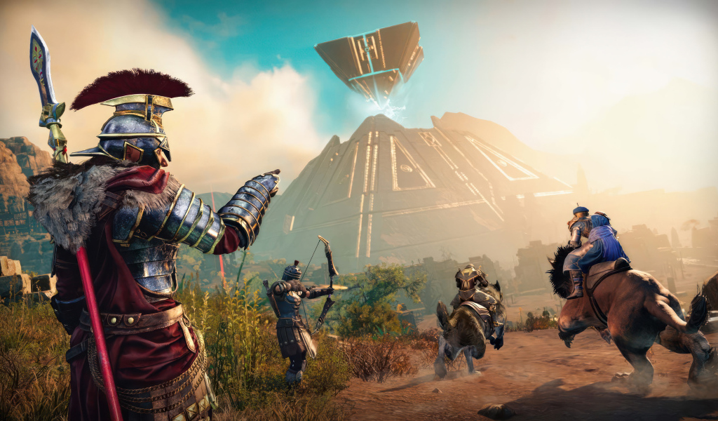 Воины у пирамиды кадр компьютерной игры New World: Aeternum, 2024