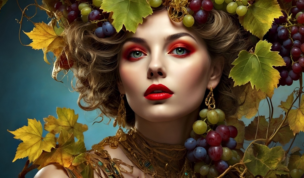 Красивая нарисованная девушка в винограде