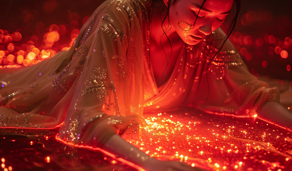 Девушка азиатка в красивом платье на светящемся фоне