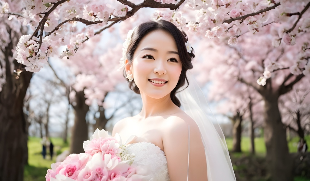 Красивая девушка азиатка в свадебном платье на фоне цветущих деревьев