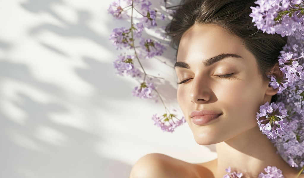 Красивая девушка с закрытыми глазами в цветах сирени