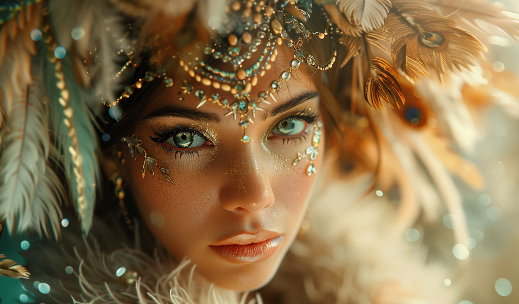 Красивая девушка с макияжем и блестящими украшениями на голове